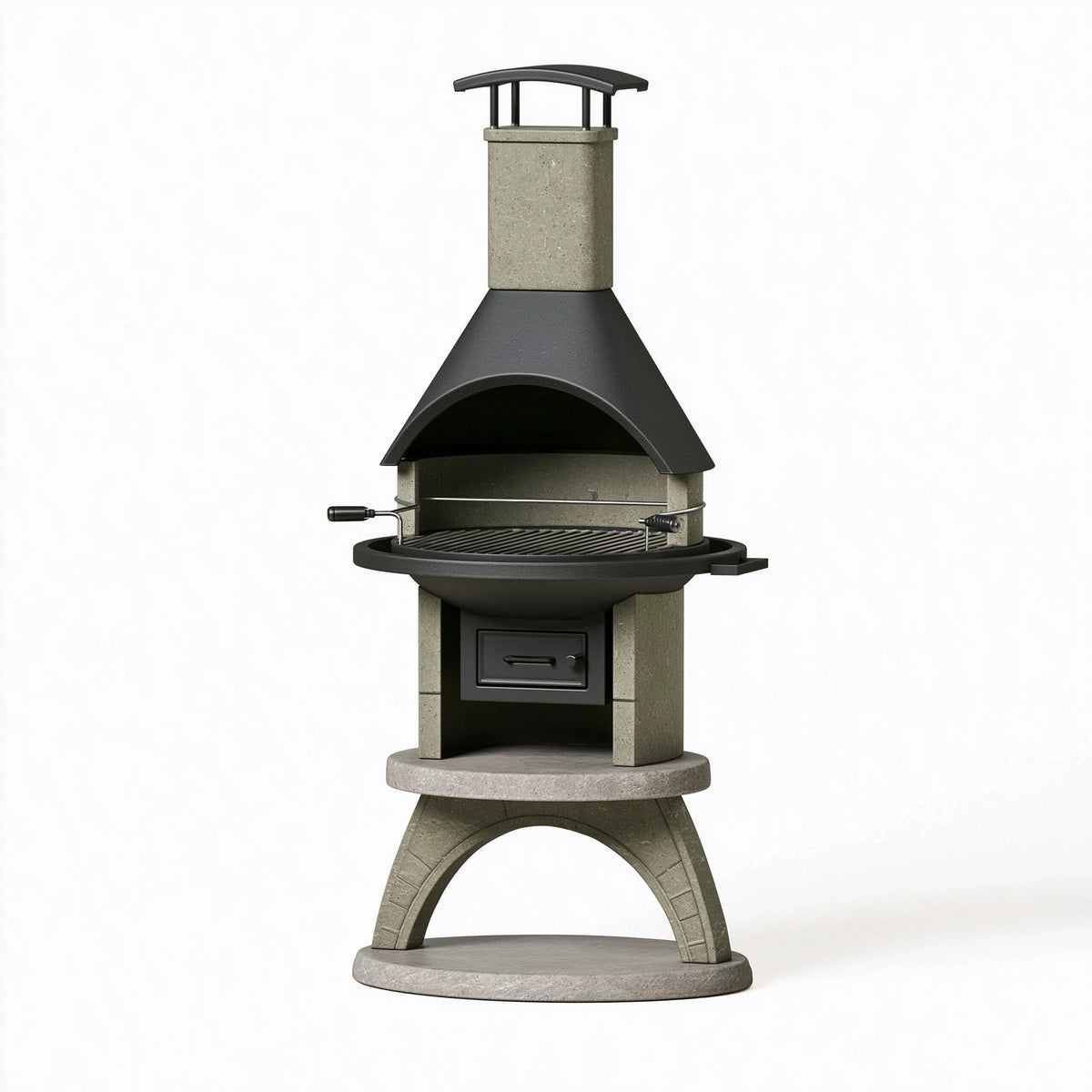 Barbecue cheminée 85 x 220 cm en béton et acier gris noir pour cuisson au charbon style rustique