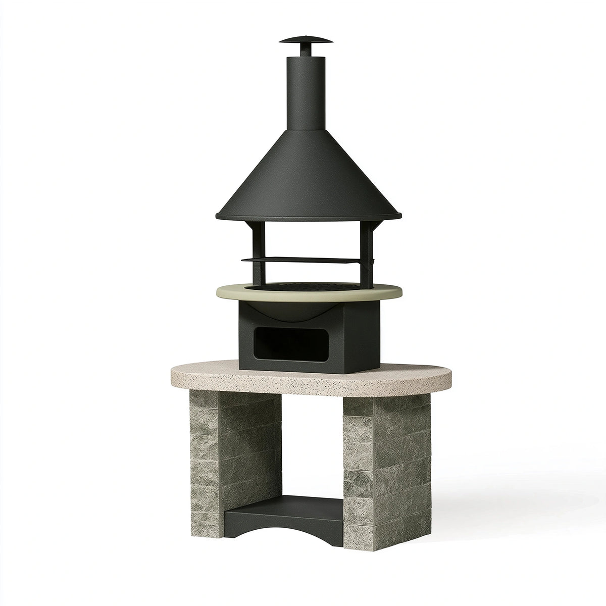 Barbecue de jardin Ø 90 cm H 190 cm acier et pierre anthracite style contemporain avec cheminée