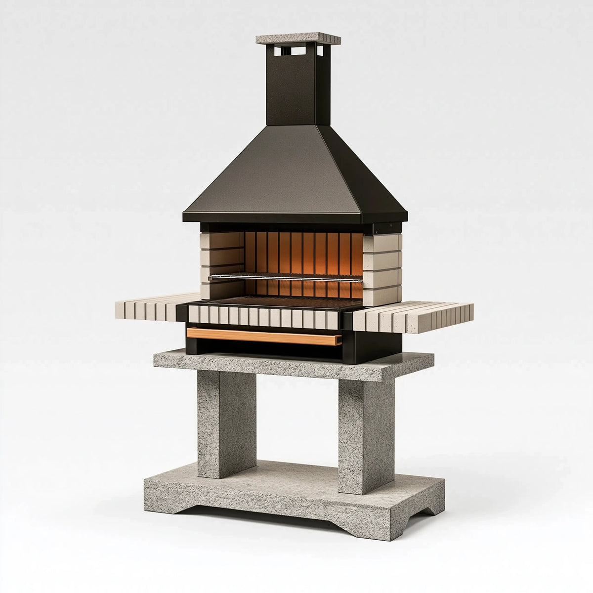 Barbecue de jardin 120 x 70 x 230 cm en béton et acier noir gris avec cheminée