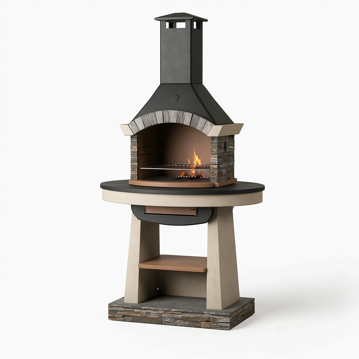 Barbecue extérieur avec cheminée 120 x 80 x 230 cm en acier noir et pierre grise style rustique