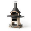 Barbecue cheminée extérieure Ø120 cm acier noir et pierre style rustique