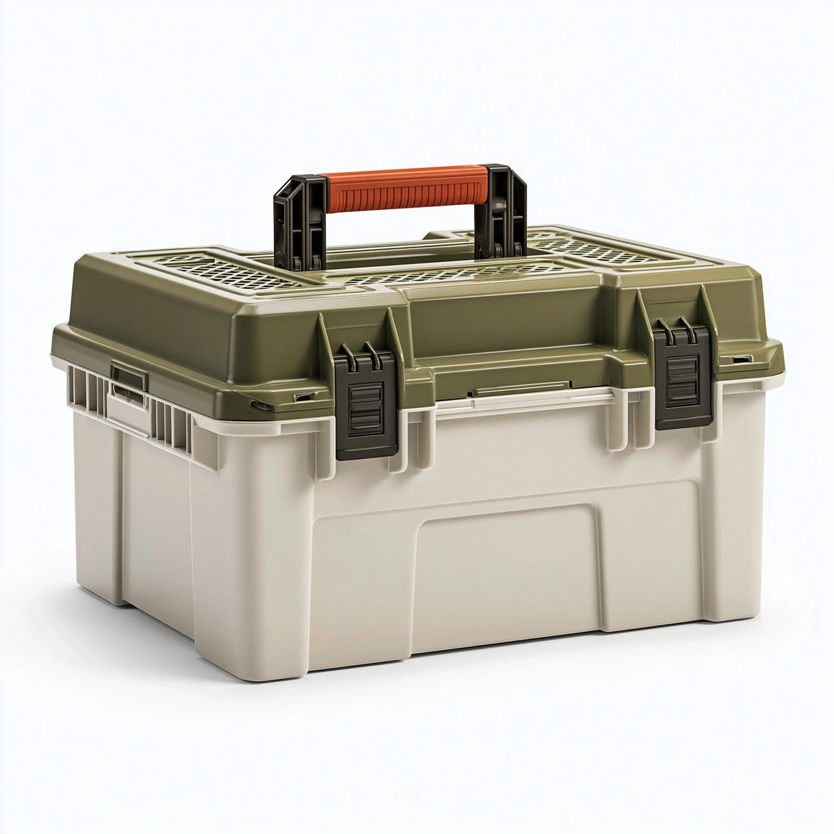 Coffre de rangement 60 x 40 x 32 cm en plastique vert kaki et beige avec poignée pliable