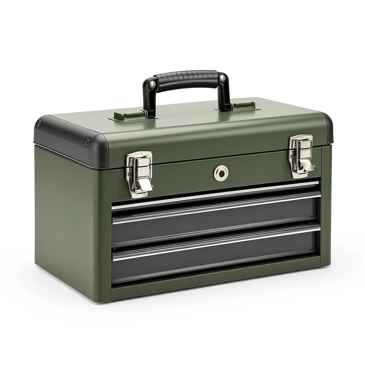 Boîte à outils 40 x 20 x 25 cm en métal vert foncé avec tiroirs et poignée de transport