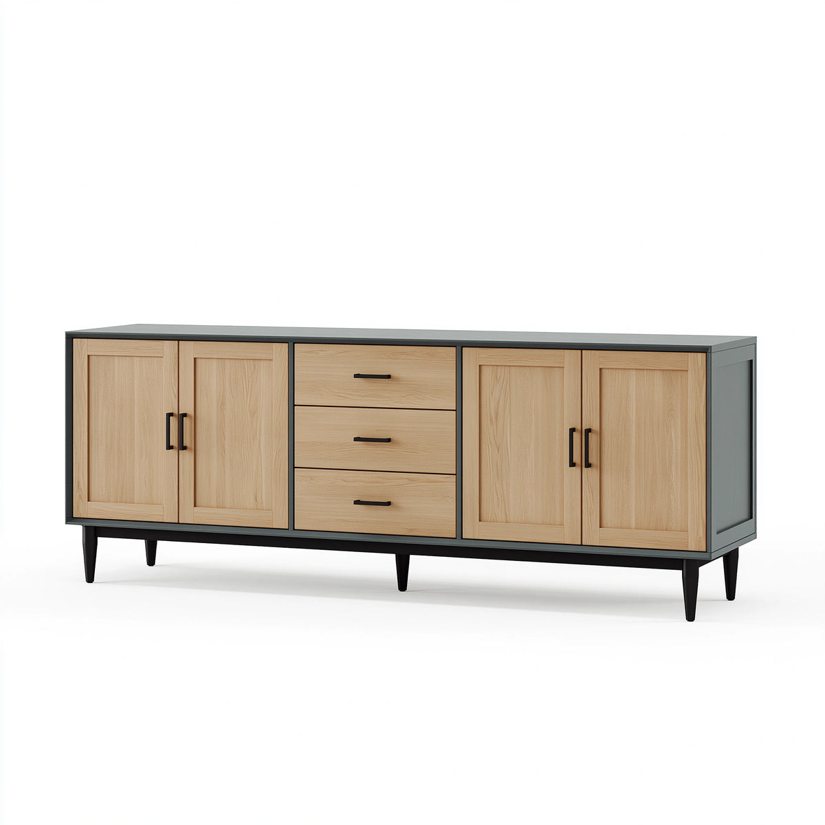 Buffet 200 x 45 x 85 cm aspect bois naturel gris à 4 portes 3 tiroirs style industriel