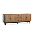 Buffet 180 x 40 x 90 cm en bois finition chêne clair et métal noir avec 3 tiroirs et 4 portes style industriel