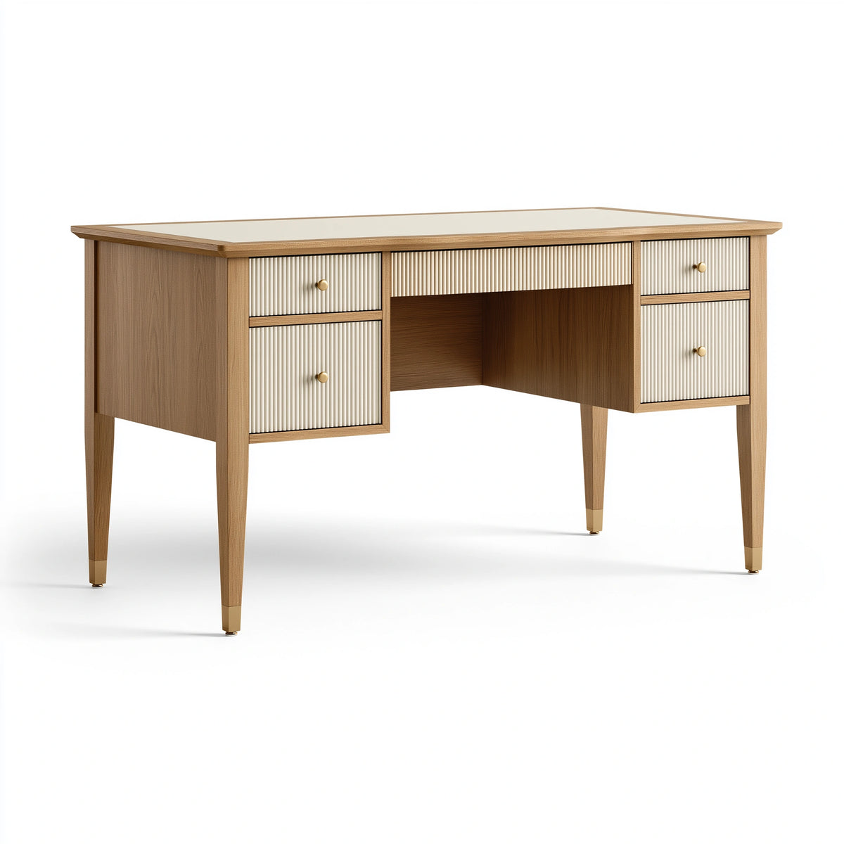 Bureau 140 x 60 x 76 cm en bois beige et blanc avec 4 tiroirs style contemporain