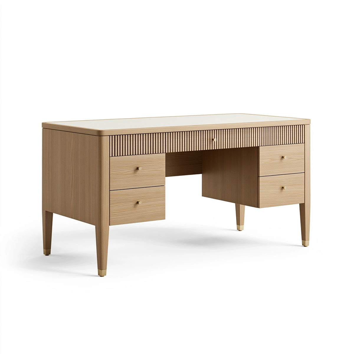 Bureau 140 x 60 x 76 cm en bois beige avec plateau en verre et 5 tiroirs style classique