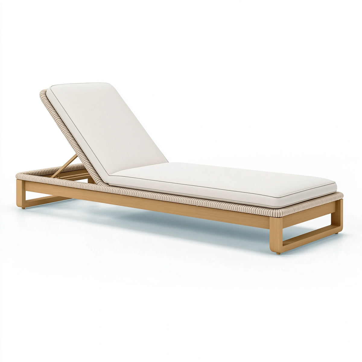 Chaise longue d'extérieur 200 cm x 70 cm x 85 cm en bois clair et cordage beige avec dossier réglable