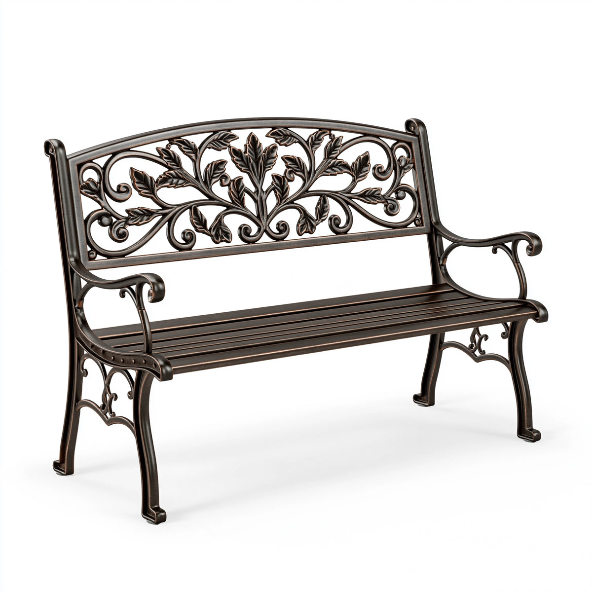 Banc de jardin 127 x 61 x 89 cm en métal bronze style classique décor végétal