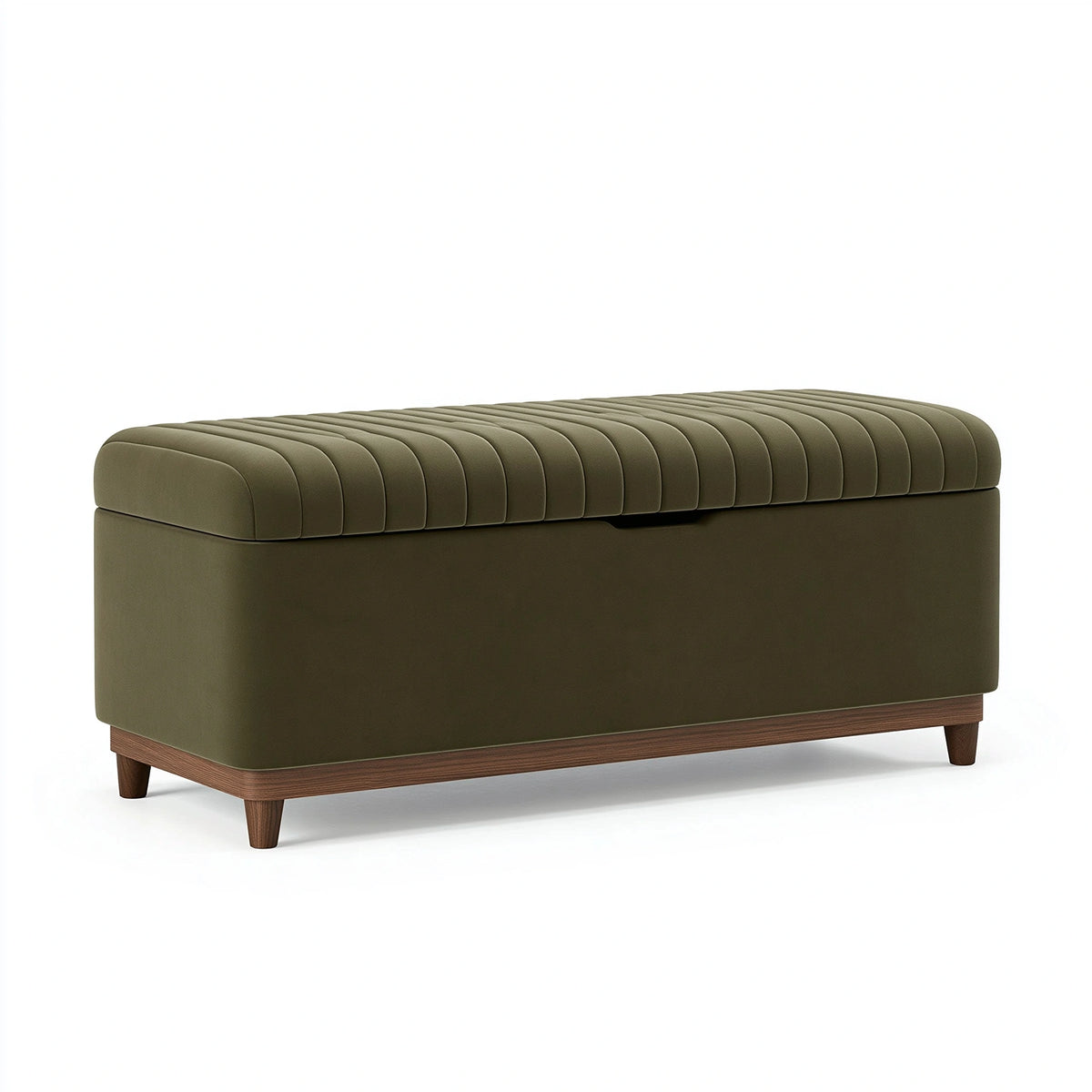 Banc coffre 120 x 45 x 48 cm en tissu vert olive avec pieds en bois style contemporain